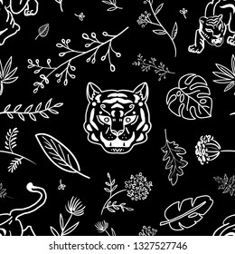 Seamless pattern. Tiger in the rainforest. Wild cat among exotic plants. Isolated on black background. Hand drawn vector illustration.