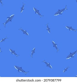 Seamless pattern Tiger shark bright blue background. Blue texture of marine fish for any purpose. Random template for textile fabric design. Simple vector ornament.