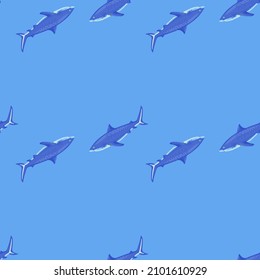 Seamless pattern Tiger shark bright blue background. Blue textured of marine fish for any purpose. Geometric template for textile fabric design. Simple vector ornament.