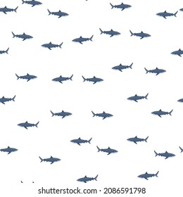 Seamless pattern Tiger shark isolated on white background. Blue texture of marine fish for any purpose. Random template for textile fabric design. Simple vector ornament.