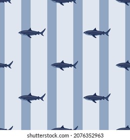 Seamless pattern Tiger shark on striped blue background. Texture of marine fish for any purpose. Geometric template for textile fabric design. Simple vector ornament.