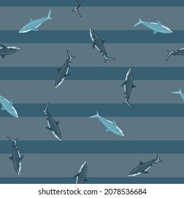 Seamless pattern Tiger shark on striped gray teal background. Texture of marine fish for any purpose. Random template for textile fabric design. Simple vector ornament.