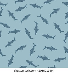 Seamless pattern Tiger shark pastel blue background. Gray textured of marine fish for any purpose. Random template for textile fabric design. Simple vector ornament.