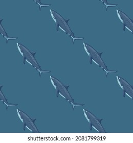 Seamless pattern Tiger shark teal background. Textured of marine fish for any purpose. Geometric template for textile fabric design. Simple vector ornament.