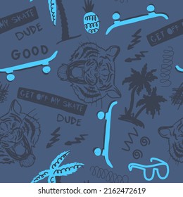 Seamless pattern with tiger, skate, palm, text, sunglasses, pineapple. Pattern for textile, fabric, stationery, art, boy, teenager, clothes and other design. 