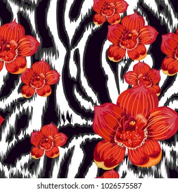 seamless pattern with tiger skin and flowers.