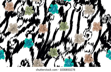 seamless pattern -  tiger skin and flowers
