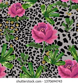 Seamless pattern with tiger spots and retro flowers.