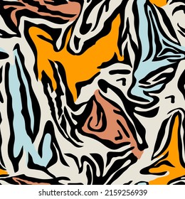 Seamless pattern with tiger stripes and colorful spots. Fashion animal textile print. Popular design for home decor, cover, fabric, textile, wallpaper, surface, modern print. Vector illustration.