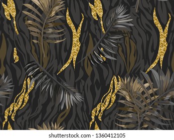 Seamless pattern - tiger stripes, golden sparkles and exotic leaves.