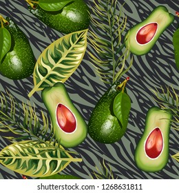 Seamless pattern with tiger stripes and tropical fruits and leaves. Pattern with avocado.