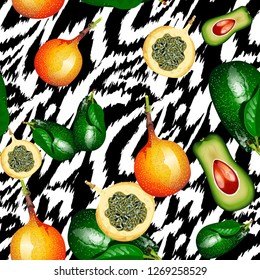 Seamless pattern with tiger stripes and tropical fruits and leaves. Pattern with avocado.
