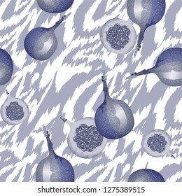 Seamless pattern with tiger stripes and tropical fruits and leaves. Pattern with avocado and Granadillas.