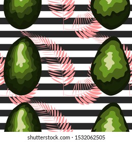 Seamless pattern with tiger stripes and tropical fruits and leaves. Pattern with avocado