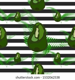Seamless pattern with tiger stripes and tropical leaves. Pattern with avocado.