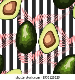 Seamless pattern with tiger stripes and tropical fruits and leaves. Pattern with avocado