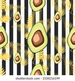 Seamless pattern with tiger stripes and tropical fruits and leaves. Pattern with avocado.