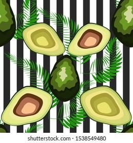 Seamless pattern with tiger stripes and tropical leaves. Pattern with avocado.