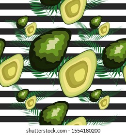 Seamless pattern with tiger stripes and tropical fruits and leaves. Pattern with avocado.