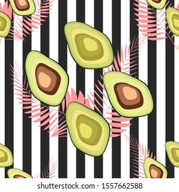 Seamless pattern with tiger stripes and tropical fruits and leaves. Pattern with avocado