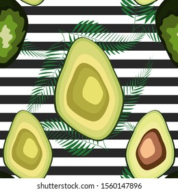 Seamless pattern with tiger stripes and tropical leaves. Pattern with avocado.