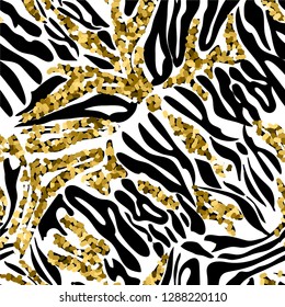 Seamless pattern with tiger stripes, zebras and gold spangles.