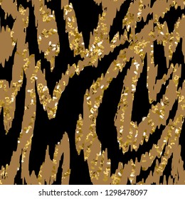 Seamless pattern with tiger stripes, zebras and gold spangles.