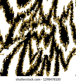 Seamless pattern with tiger stripes, zebras and gold spangles.