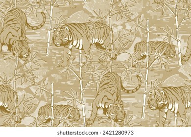 Seamless pattern of tiger. In style Toile de Jou. Suitable for fabric, wrapping paper and the like. Vector illustration