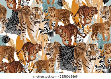 Seamless pattern of tiger. Suitable for fabric, wrapping paper and the like. Vector illustration
