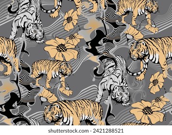 Seamless pattern of tiger.  Suitable for fabric, wrapping paper and the like. Vector illustration