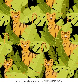 Seamless pattern with tiger and tropical leaves. Vector illustration for print, textile, design