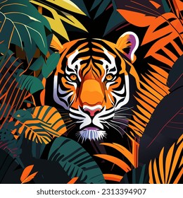 Seamless pattern with tiger and tropical leaves. Vector illustration.