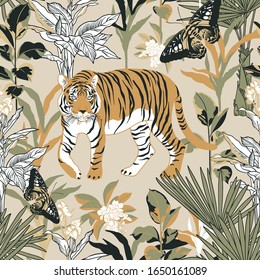 Seamless pattern with tiger in the tropics. Wild animal creeps in the jungle. Background with jungle, tiger and butterfly for surface design. 