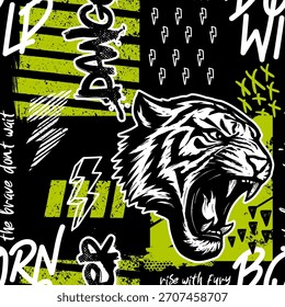Patrón sin fisuras con tigre, palabras y otros Elementos grunge. Estampado Abstractas brillante sobre fondo negro para tela, envoltura, textil, Fondo de pantalla, ropa. Ilustración vectorial