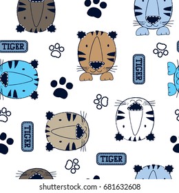 seamless pattern with tiger, wrapping paper, bedding pattern for kids, vector textile fabric print, cute cartoon tiger vector illustration