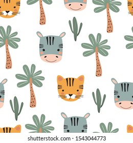 Seamless Pattern With Tiger, Zebra, Cactus And Palm Tree On Colored Background. Vector Illustration For Printing On Fabric, Postcard, Wrapping Paper, Book, Picture, Wallpaper. Cute Baby Background.