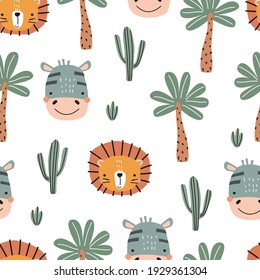 Seamless pattern with tiger, Zebra, cactus and palm tree on colored background. Vector illustration for printing on fabric, postcard, wrapping paper, book, picture, Wallpaper. Cute baby background.
