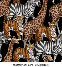 Seamless pattern with tiger, zebra and giraffe. Vector