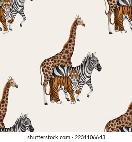 Seamless pattern with tiger, zebra and giraffe. Vector