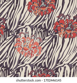 Seamless pattern of tiger and Zebra stripes. Stripe pattern with flowers.