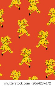 Patrón sin foco con tigres al estilo asiático. Fondo rojo del vector