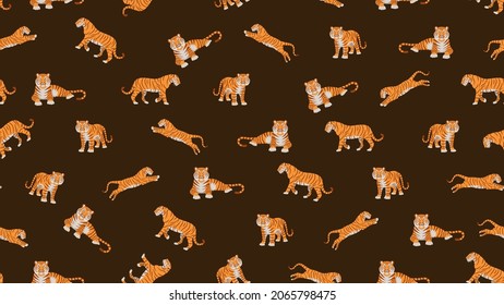 Seamless pattern with tigers. Background for wrapping paper with symbol of tiger for chinese new year and christmas 2022