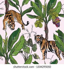 Seamless Pattern Tigers in Banana Trees Palms Jungle with Fruits and Flower Colorful Green Leaves Realistic hand Drawn Outlines Encyclopedia Botanical Drawing 