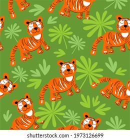Seamless pattern with tigers. Cartoon tigers for textiles, wallpaper. Vector hand-drawn tiger background 