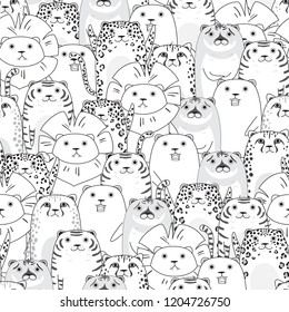 Seamless pattern of tigers and cats in line art use as background, wallpaper, card and wrap paper