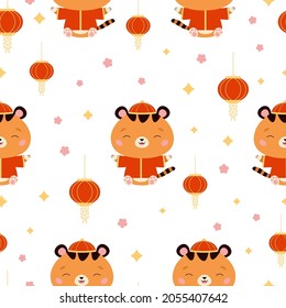 Seamless pattern with tigers in chinese traditional costume. Lantern festival. New year symbol. Cartoon kawaii character. Vector illustration.