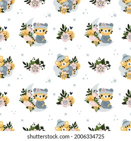 Seamless pattern with tigers.  Cute nature print for newborn baby clothing, room decoration. Sleepy tiger print for kids textile. Festive background with baby animals. Symbol animal of 2022 year