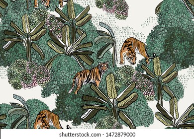 Seamless Pattern Tigers in Deep Tropical Rainforest Jungle Mountains with Greenery Bushes and Palm Trees Hand Drawn Outlines Oriental Chinese Asian Design Wallpaper Illustration Primitive Style