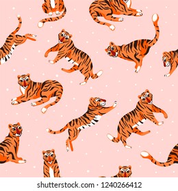 Seamless pattern with tigers in different poses. Vector illustration for textile, Wallpaper, packaging or other.